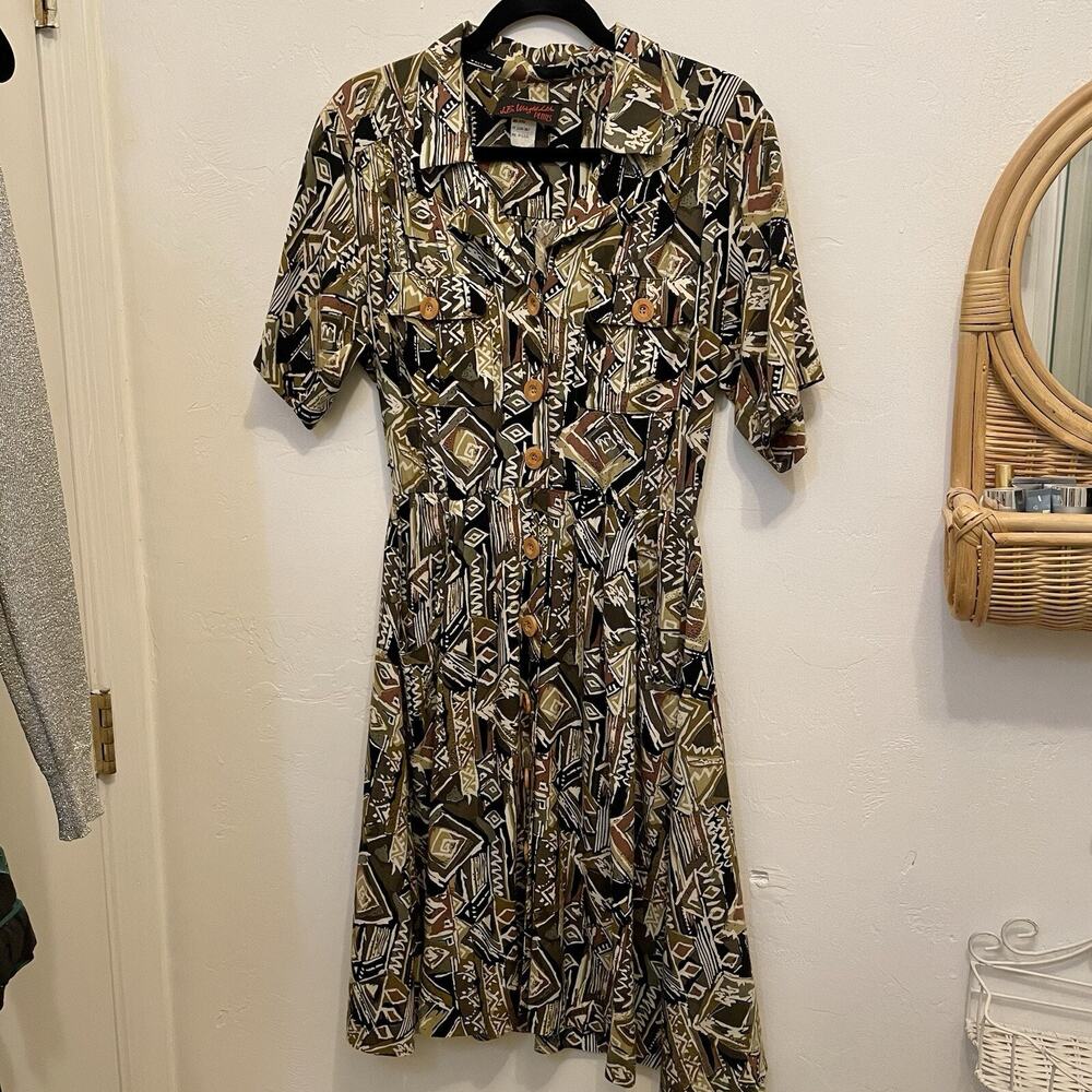 90s JB Wright Tribal Print Shirt Dress Vintage Size 8 (Small) Green Button Down